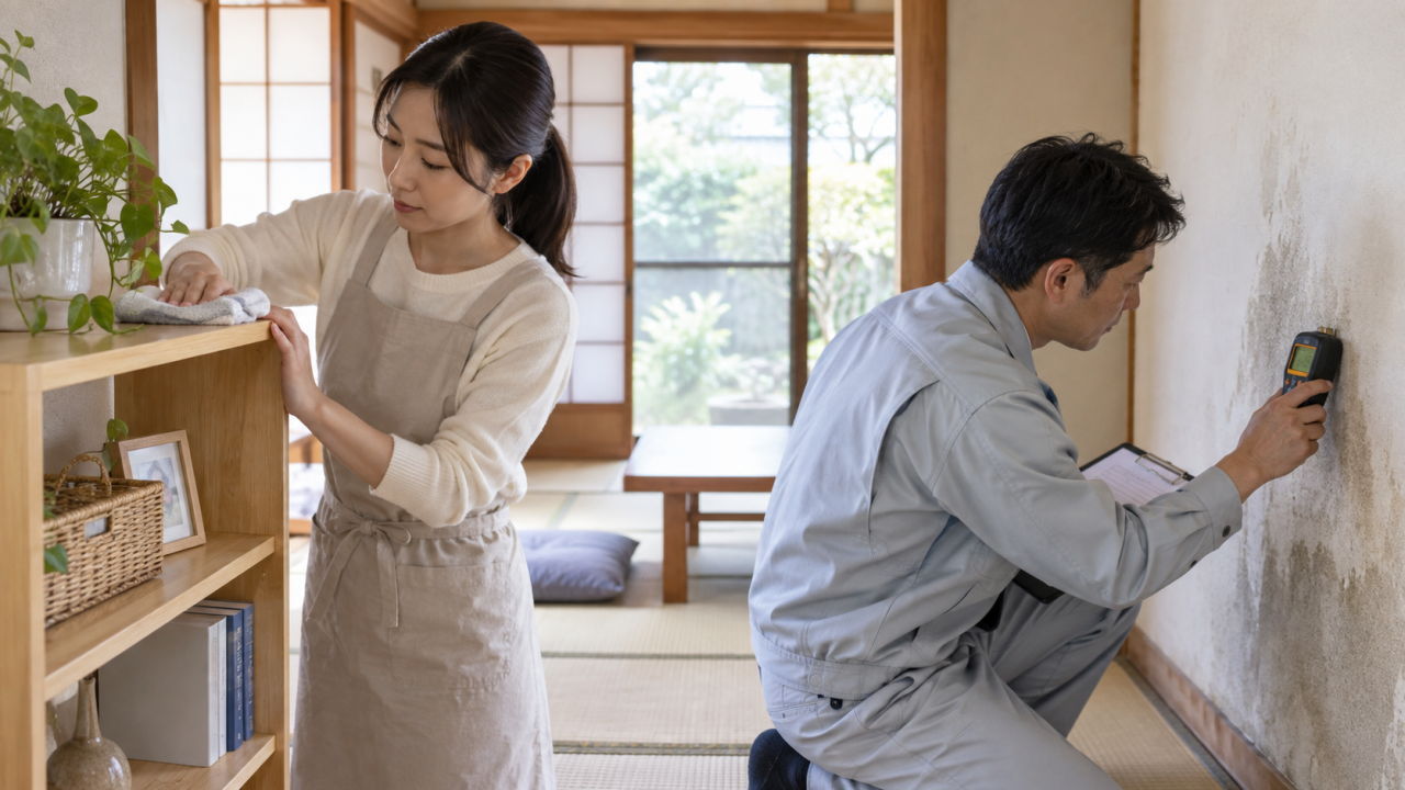 家庭の表面清掃と専門的な水分調査を分ける様子