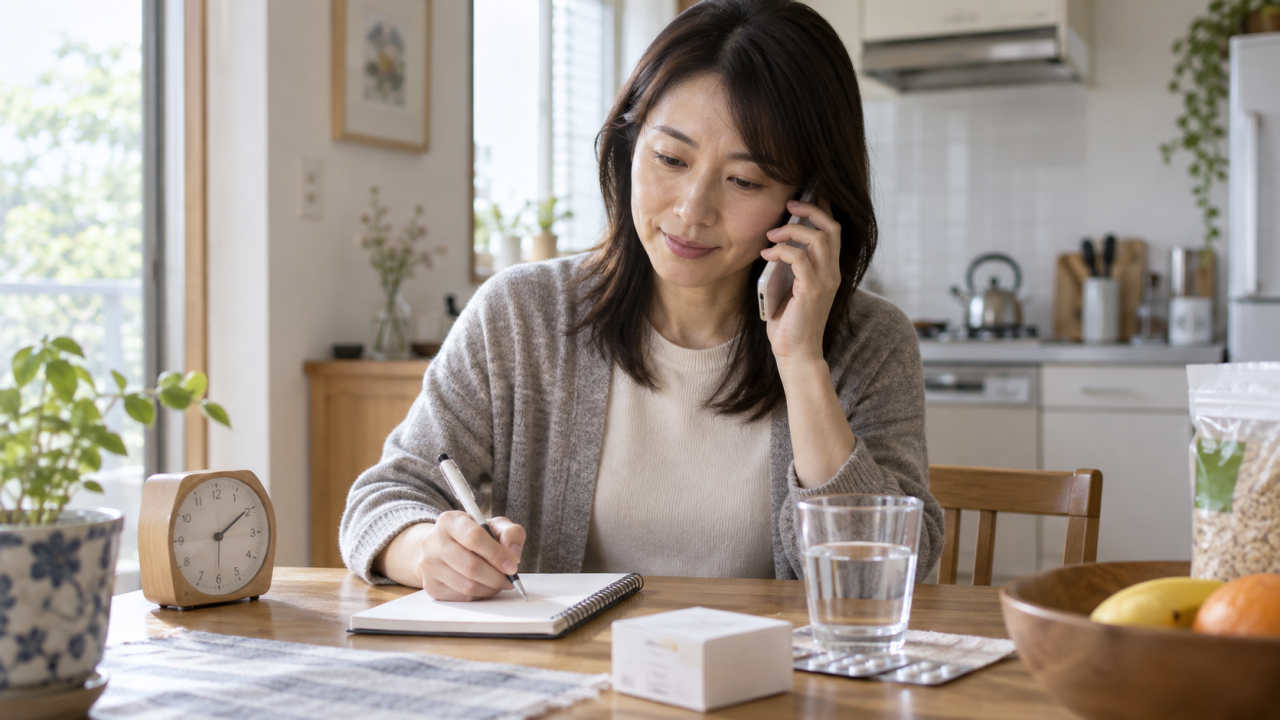 体調と時刻を記録しながら電話相談する様子