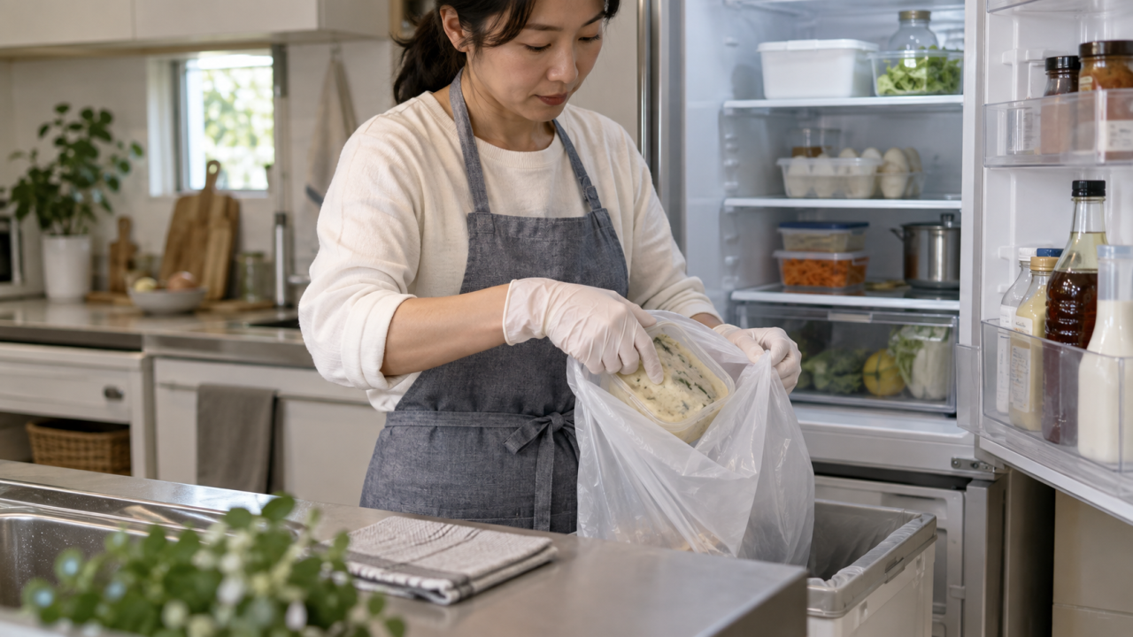 カビの発生した食品を安全に廃棄する様子