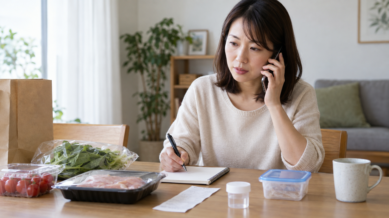 包装と購入記録を手元に相談する様子
