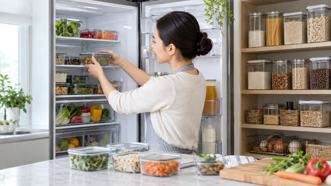 食品の保存状態を冷蔵庫と収納棚で確認する様子