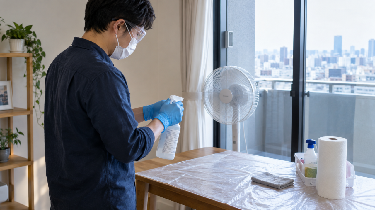 保護具と換気を確認して清掃準備をする住民