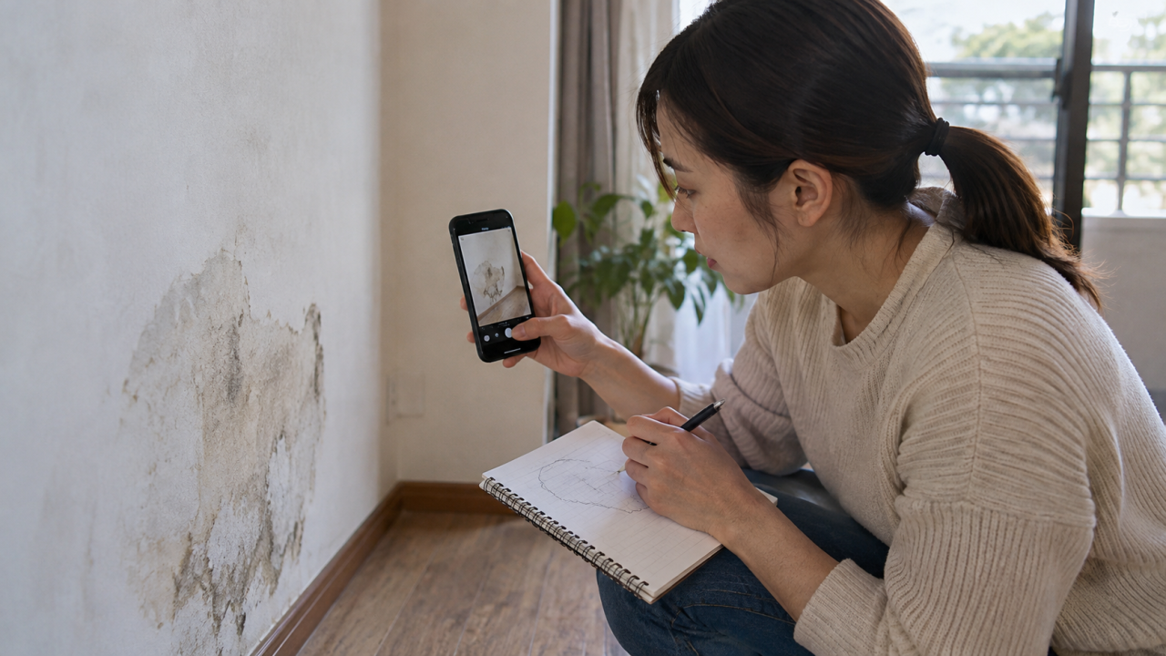 同じ壁面を撮影して範囲を記録する住民
