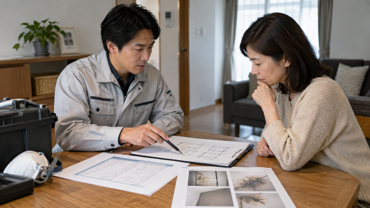 写真と間取りを見ながら見積範囲を相談する様子
