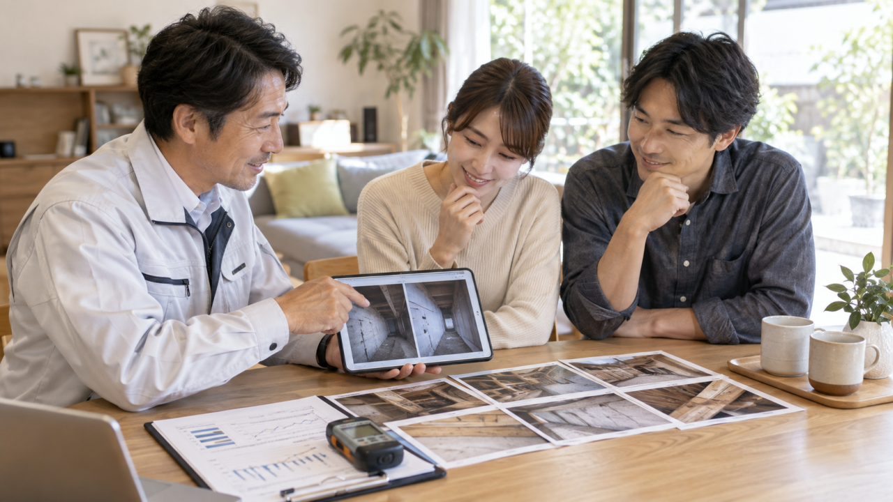 施工前後の記録と点検結果を共有する家族と担当者