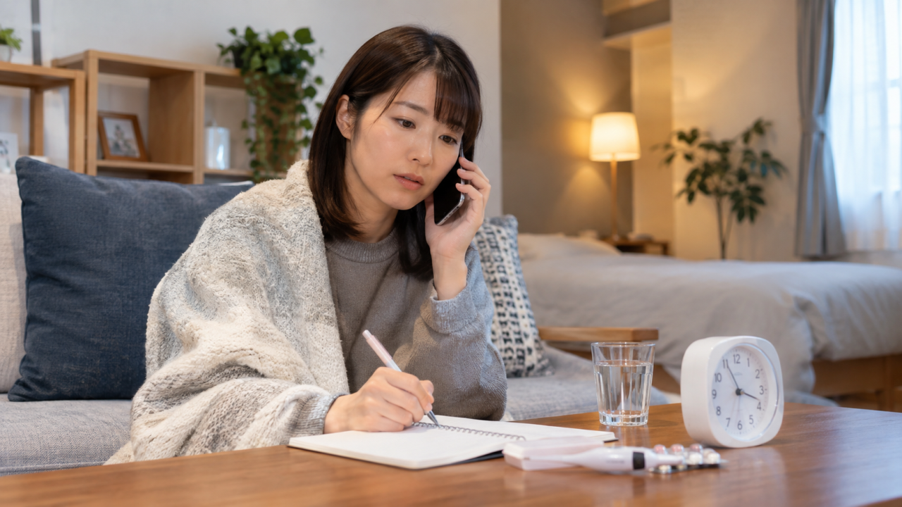 体調の開始時刻を記録しながら電話相談する住民