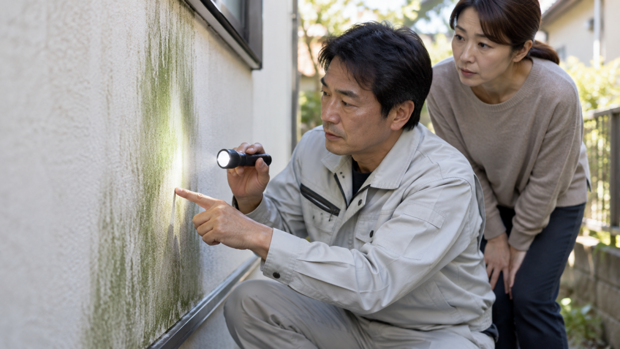 緑色の汚れを観察する点検担当者と住民