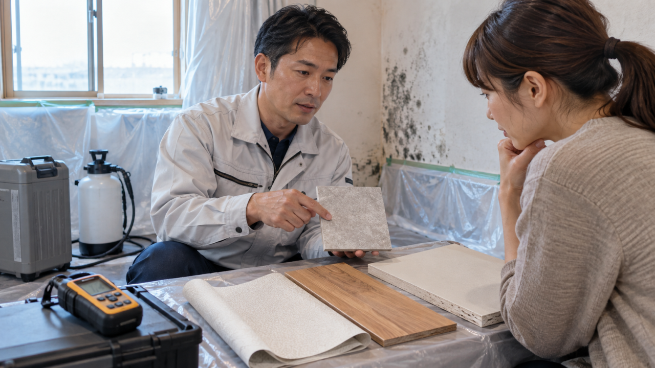 建材の違いを説明するカビ対策担当者