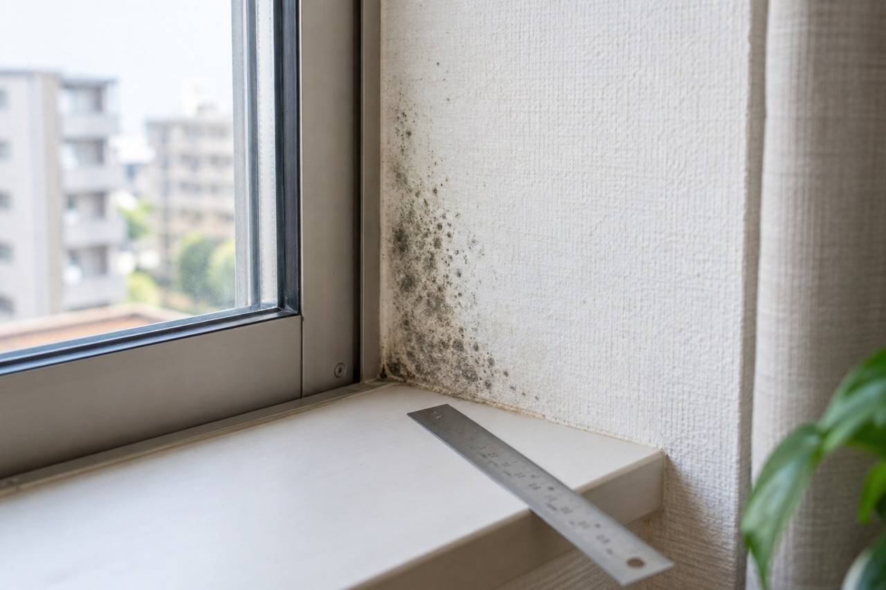 窓際の壁の状態を近くから確認する場面