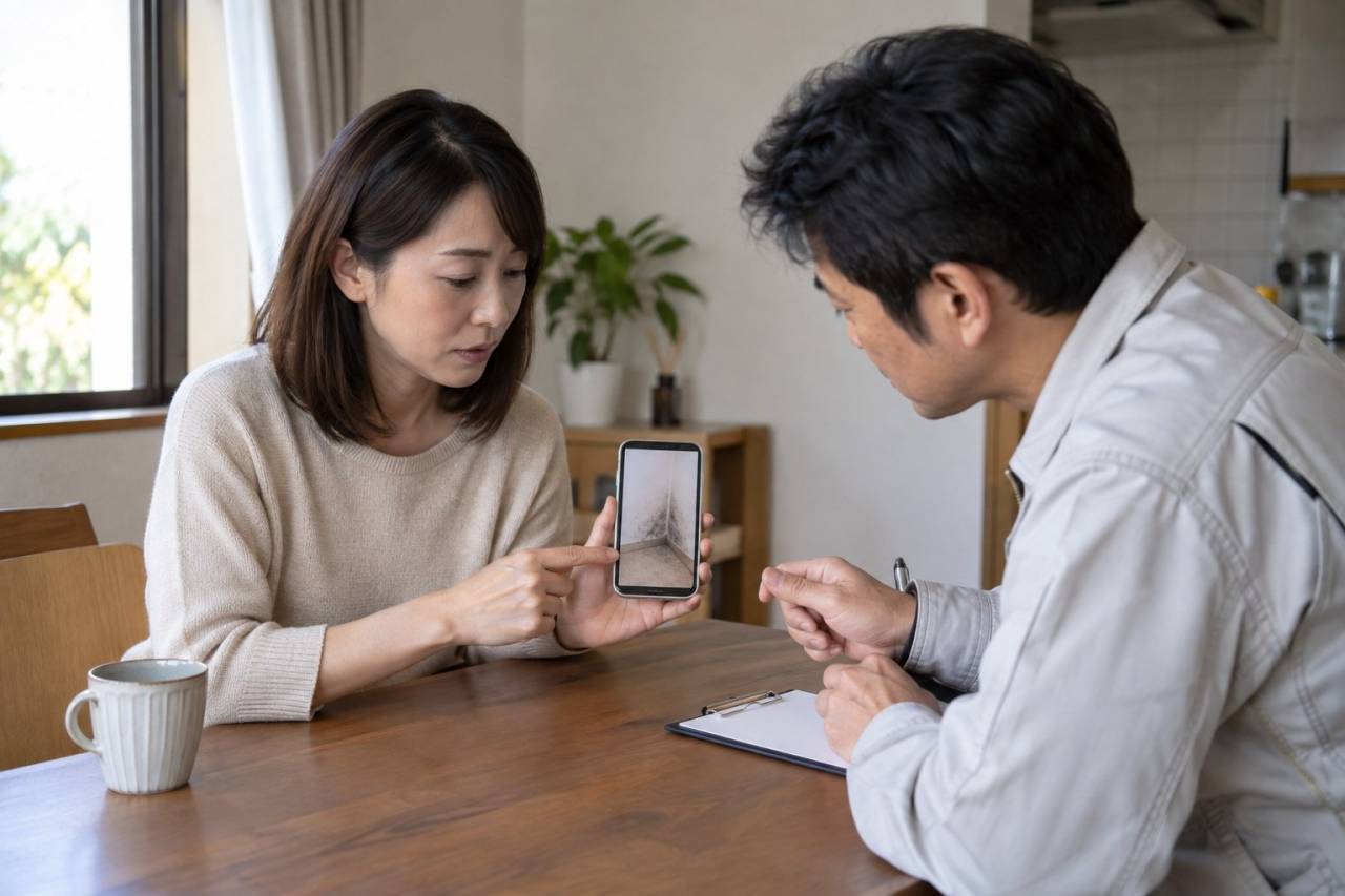 室内の写真を見せながら相談する場面