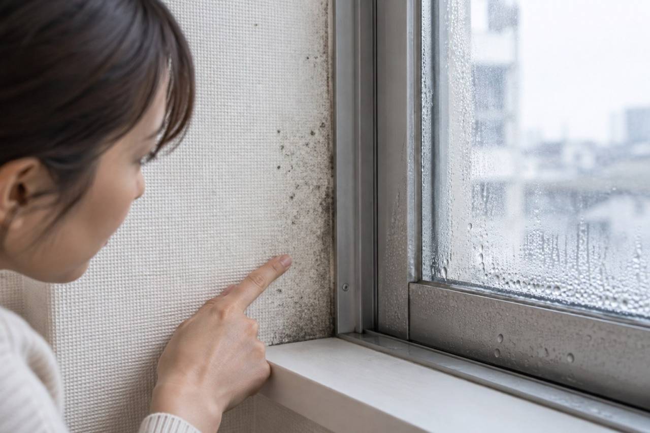 窓枠付近の結露と壁紙の黒ずみ