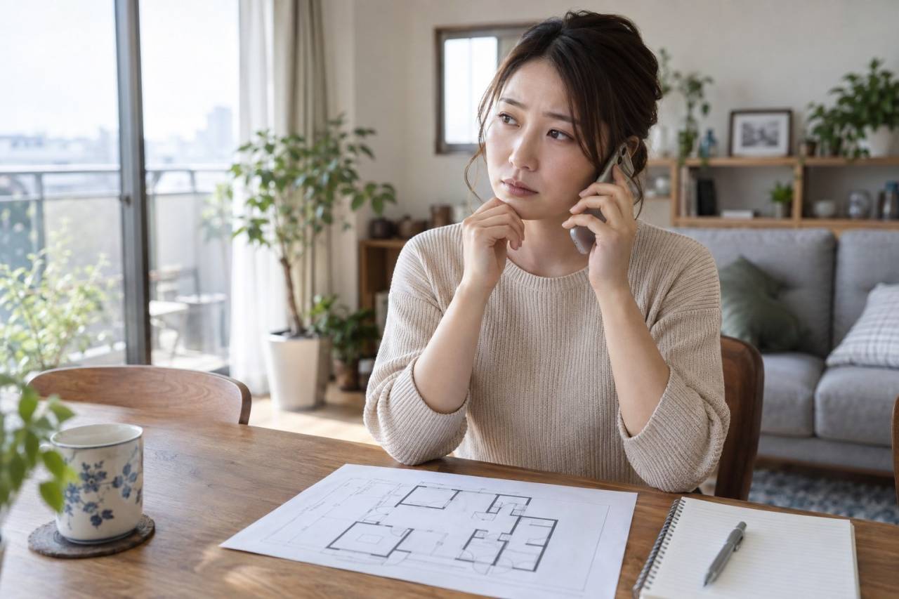 間取り図を用意して電話で相談する場面