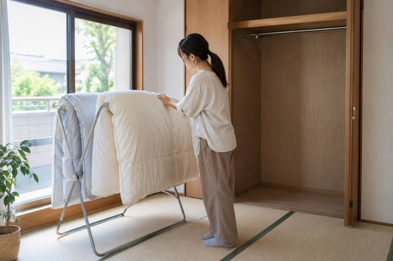 収納の外で寝具を乾かす室内