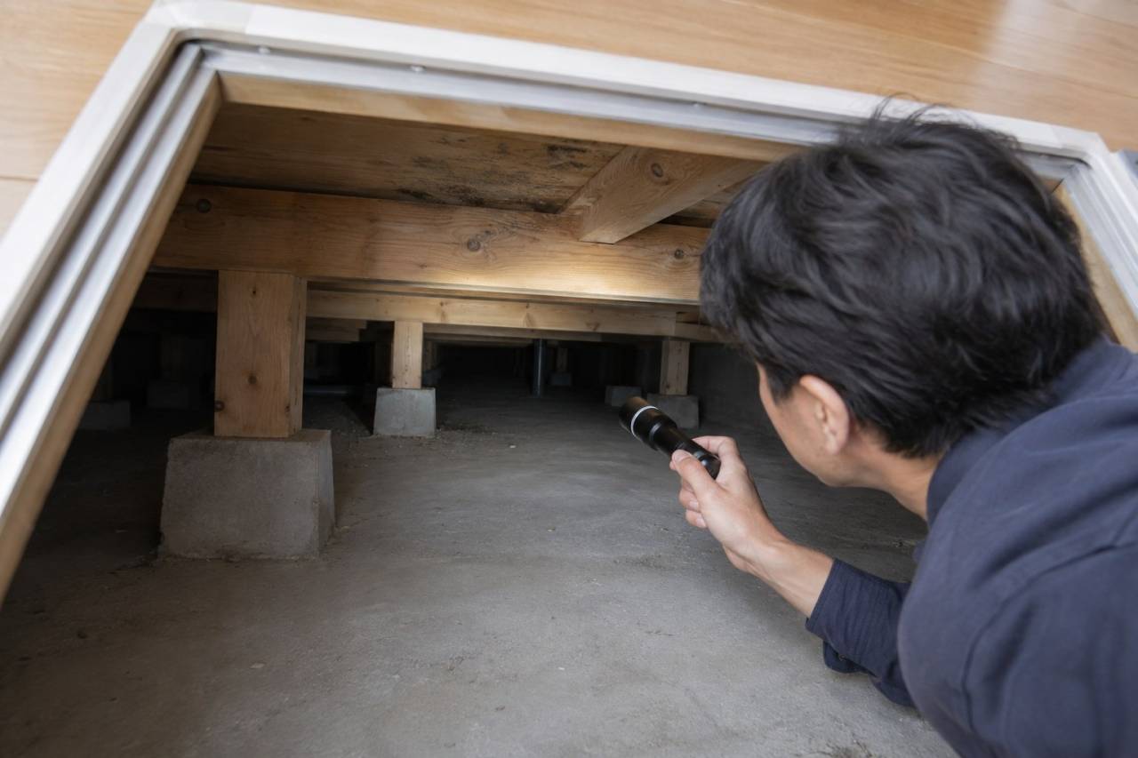 点検口から見える床下の木部と基礎