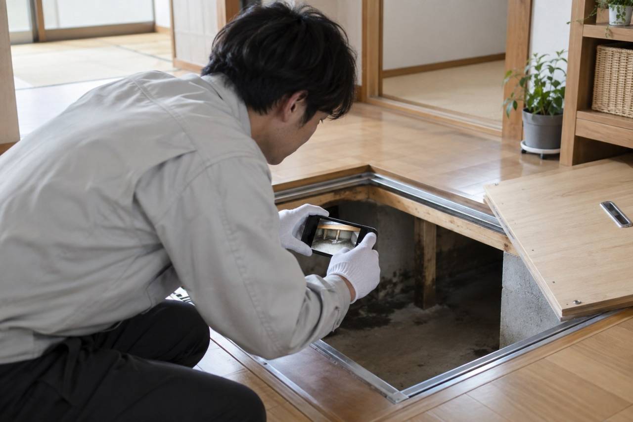 点検口の上から床下を記録する場面