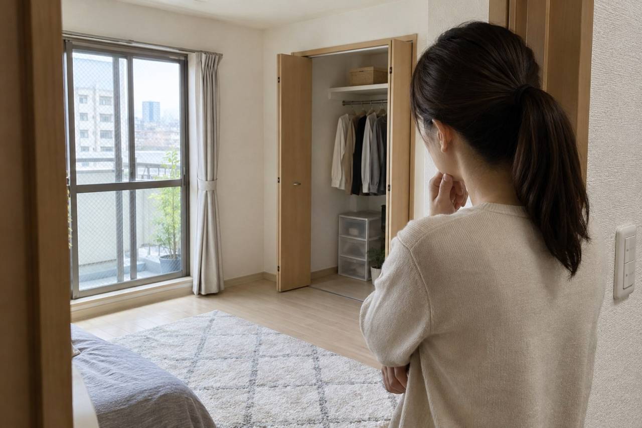 窓と収納を開けた部屋を確認する場面