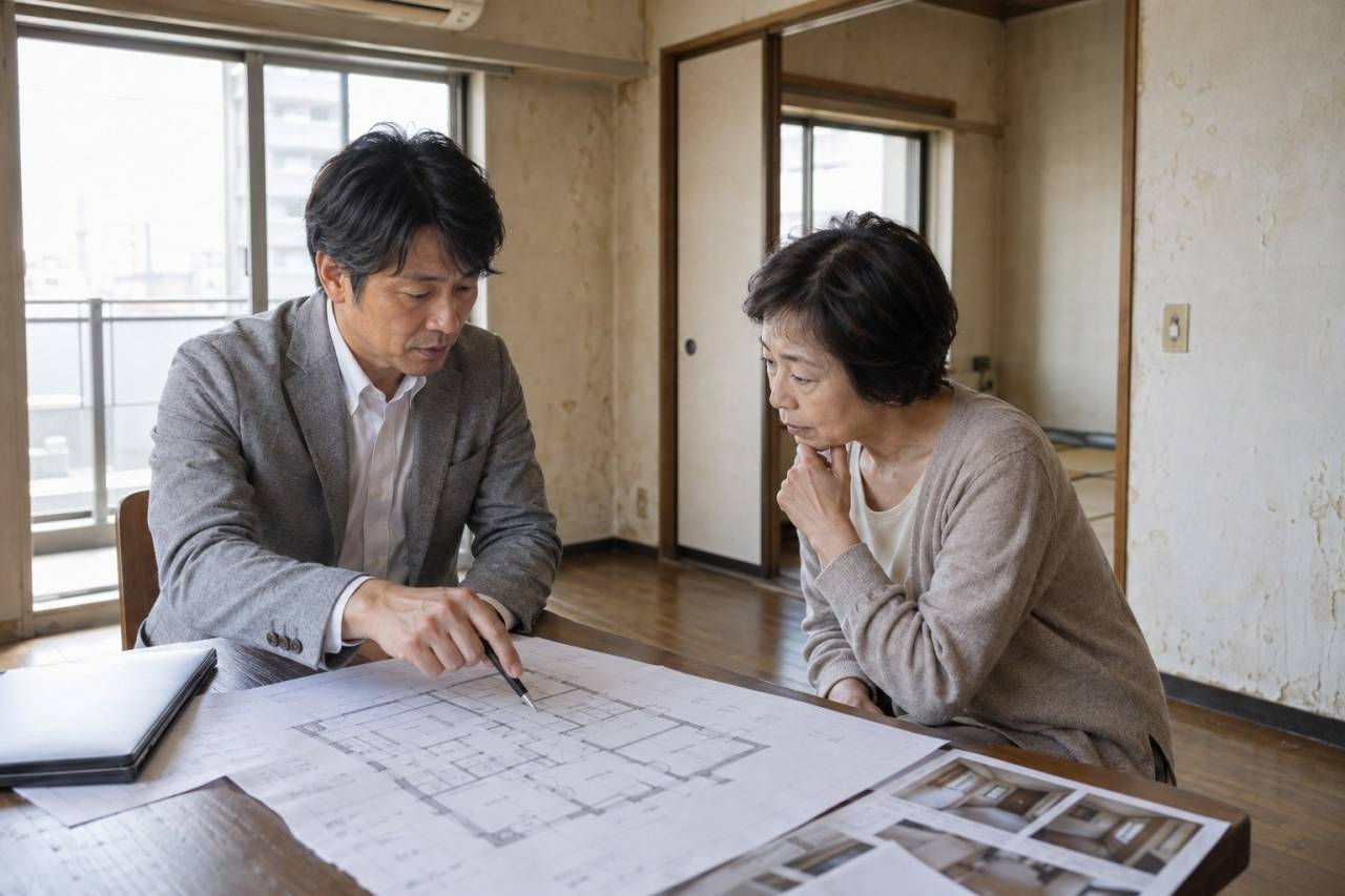 改修前の住宅で図面を見ながら相談する場面