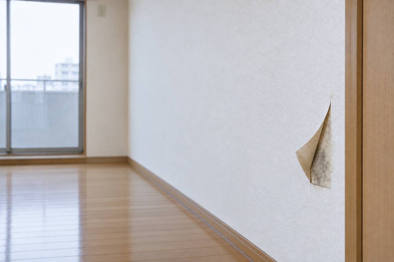 剥がれた壁紙とその下の状態