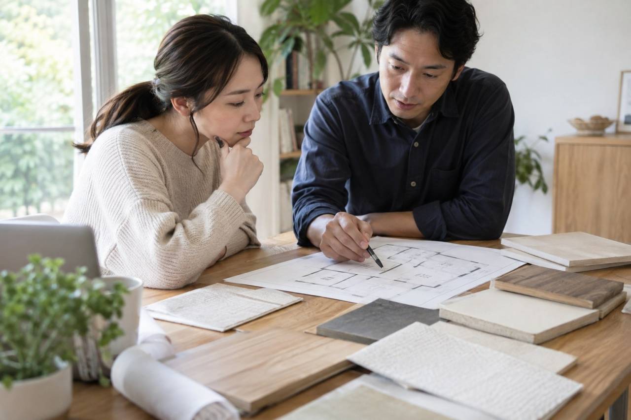 図面と内装材のサンプルを並べた机