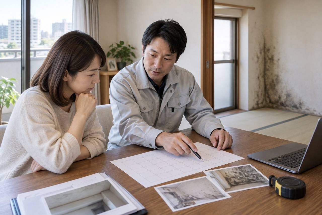 写真と日程表を見ながら改修を相談する場面