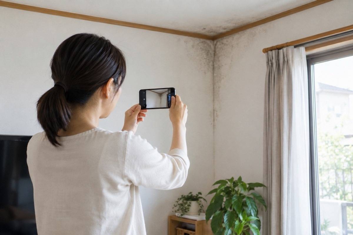 壁の黒ずみを安全な距離から記録する室内
