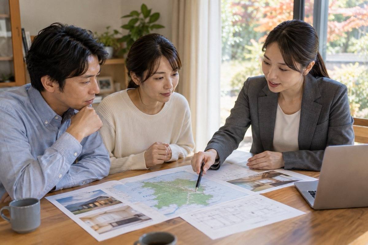 福岡県の地図と住宅資料を前に相談する場面