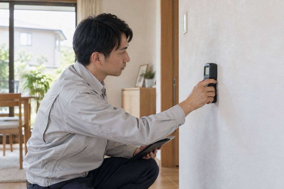 壁の水分を非破壊機器で確認する担当者