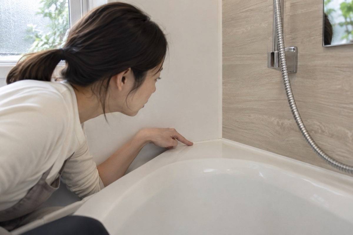 浴室の目地とパッキンを近くから確認する場面