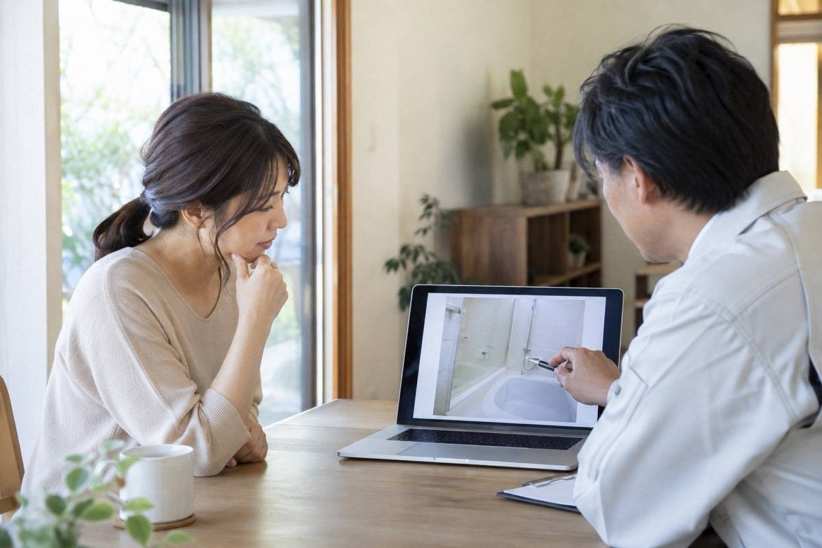 浴室写真を見ながら専門家へ相談する場面