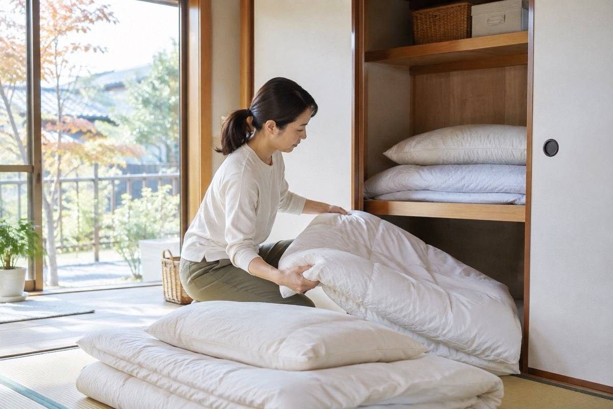 寝具を出して点検できる明るい押入れ