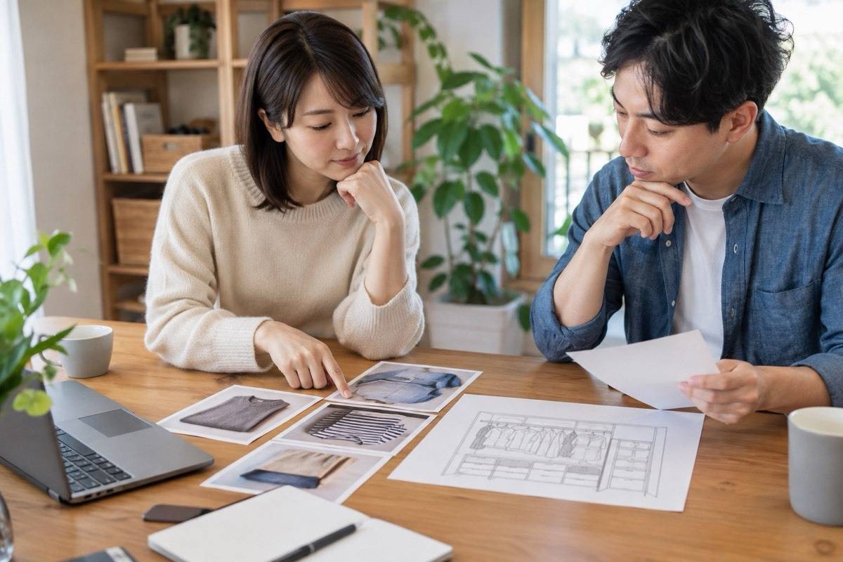 衣類の写真と収納図を整理して相談する机