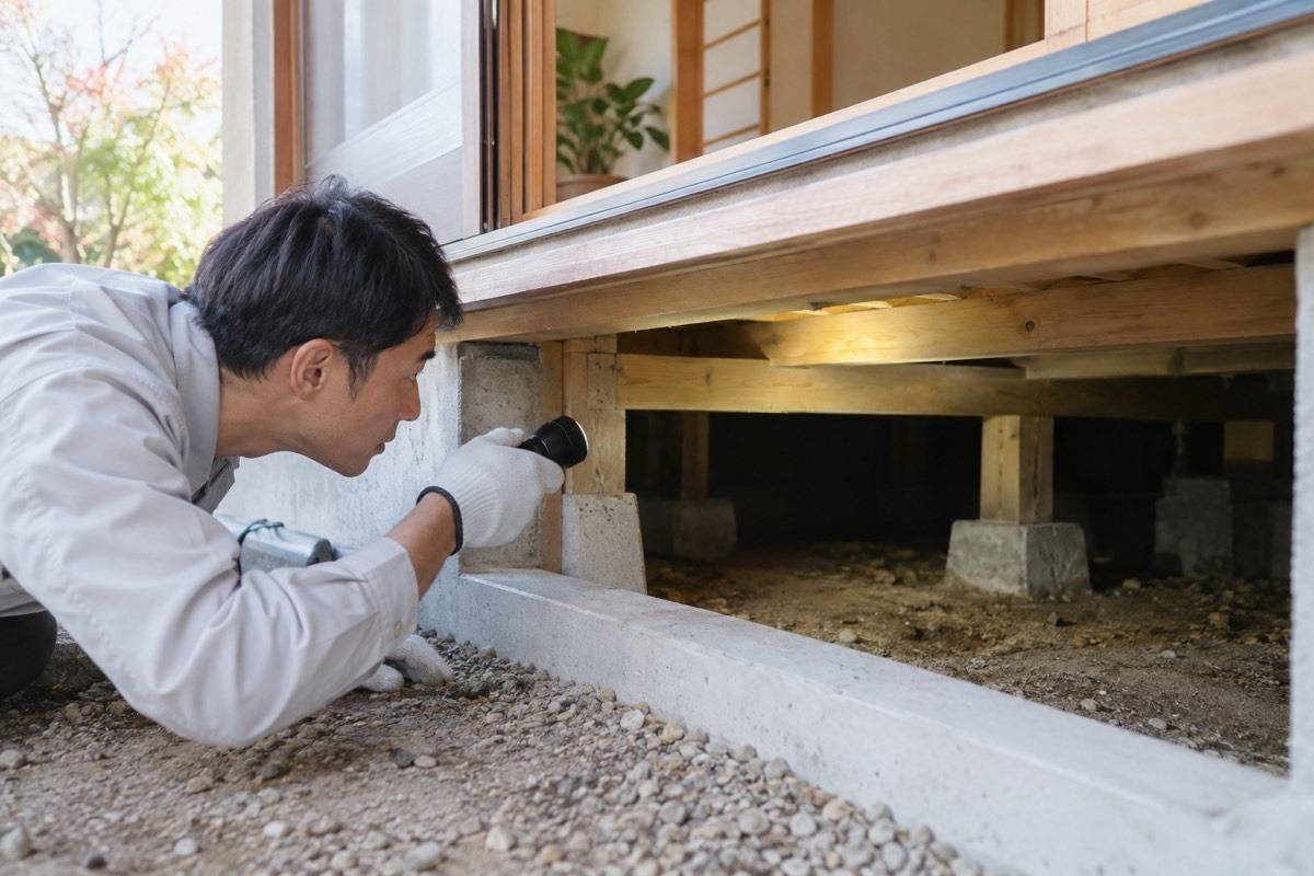 床下の木部をライトで安全に点検する担当者