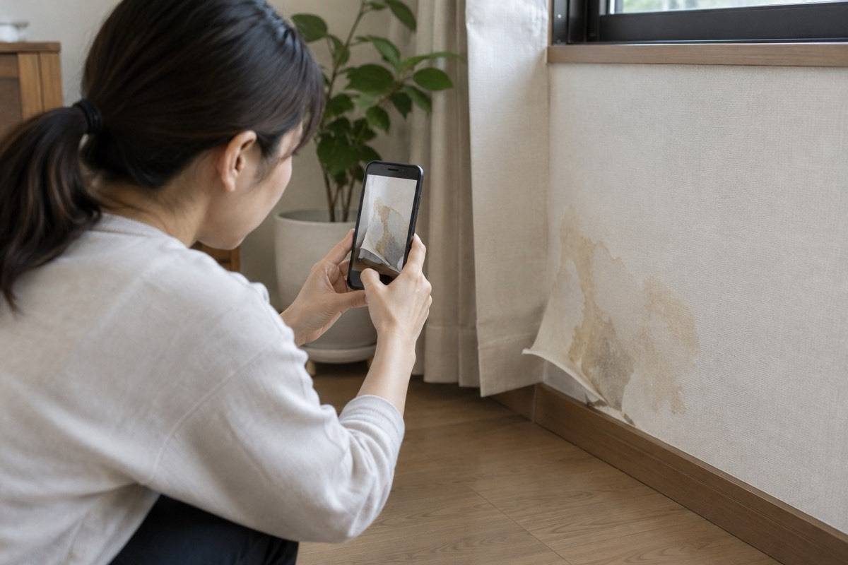 壁紙の浮きと水染みを記録する場面