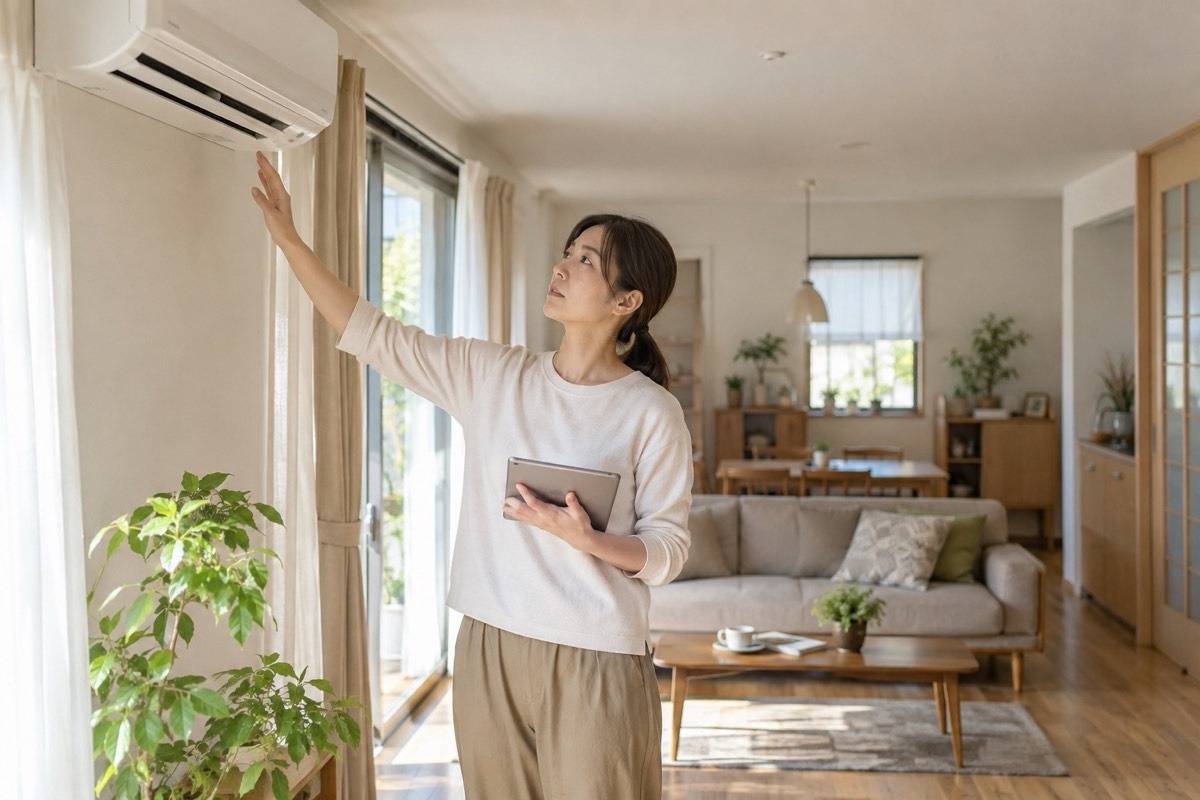 住宅のエアコンと室内全体を確認する場面