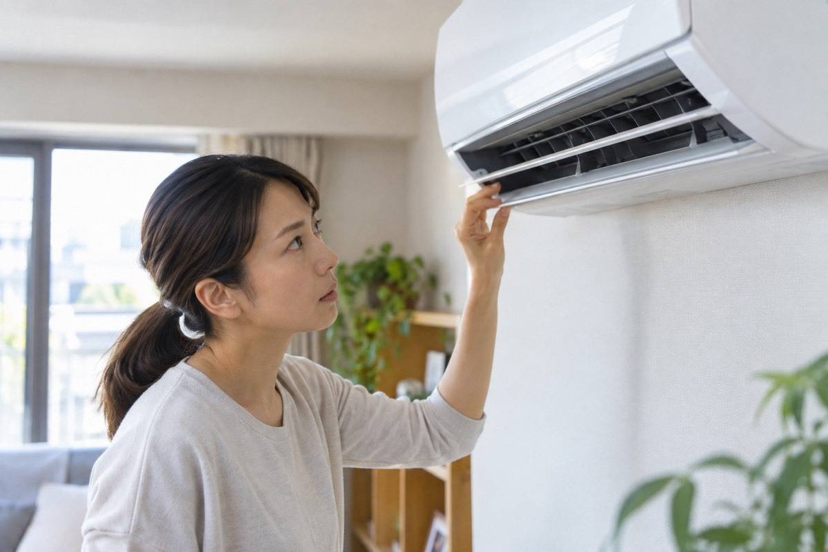 エアコンの吹出口を電源を切って目視する場面