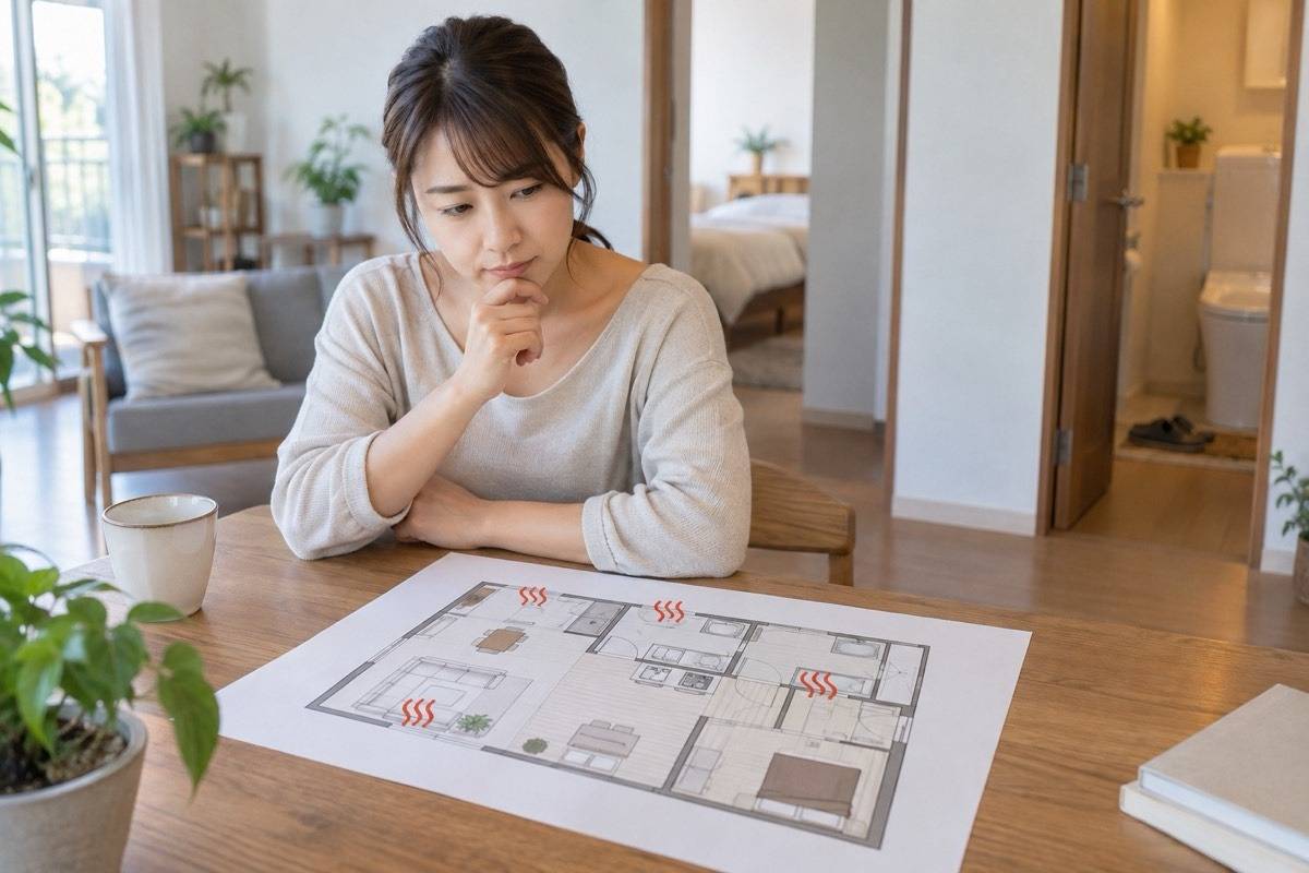 部屋の間取りに臭いを感じる場所を記す机