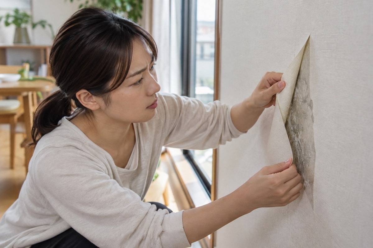 剥がれかけた壁紙と下地を確認する場面