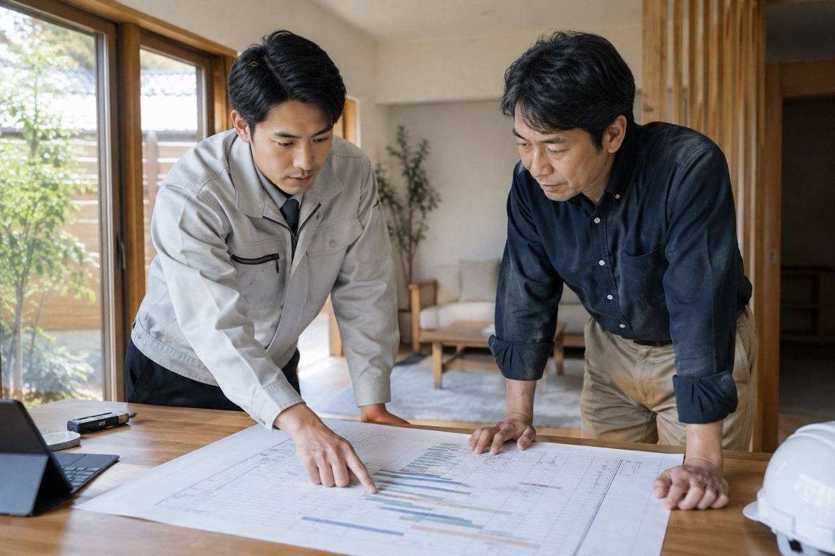 改修工程表を担当者同士で確認する場面