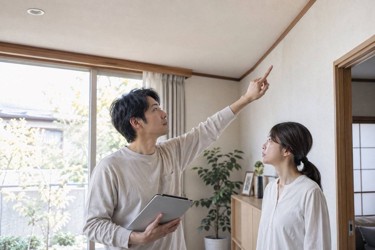 住宅の天井と壁の状態を確認する場面
