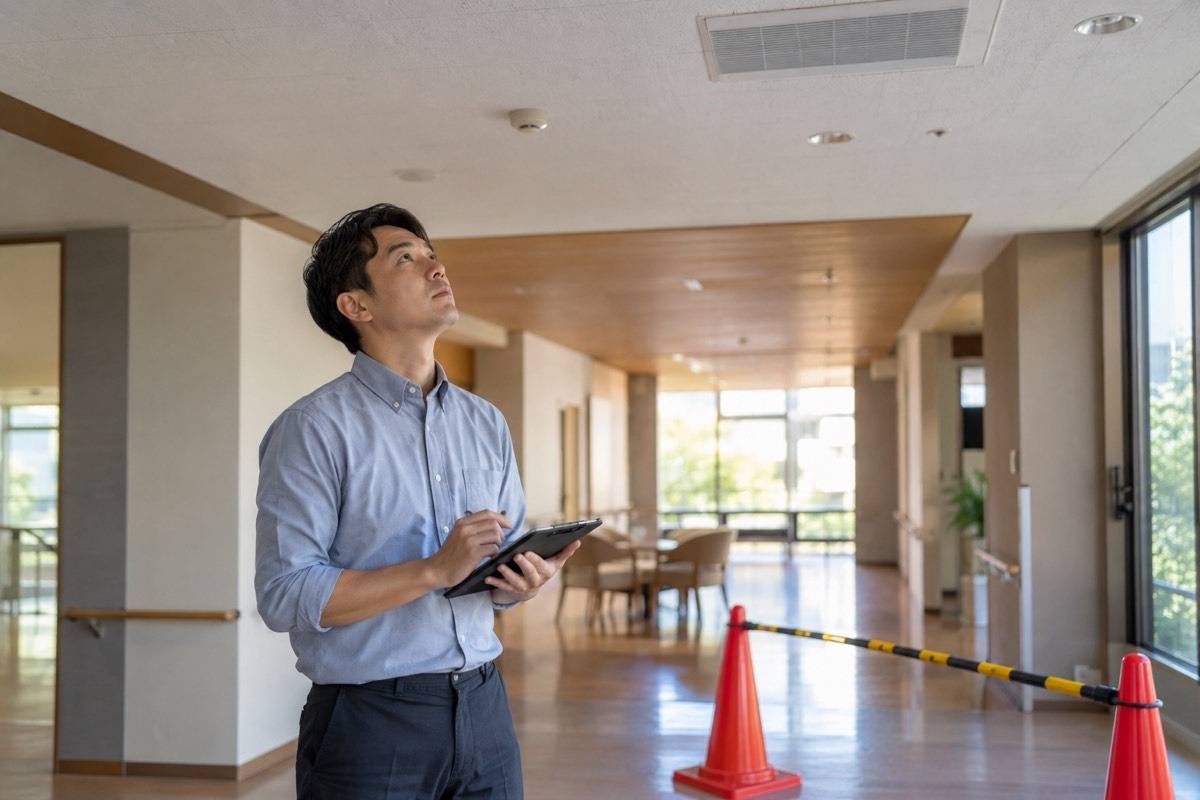 施設の天井を立入範囲を守って点検する担当者