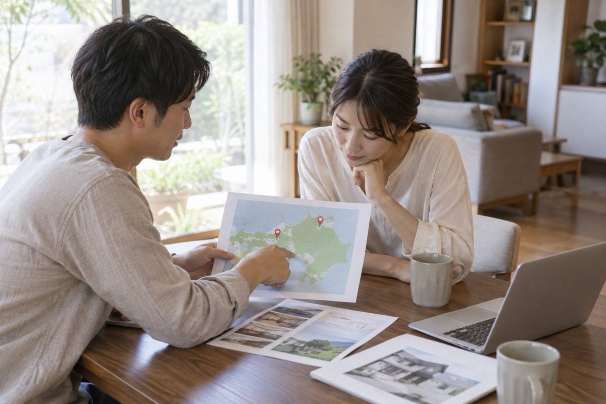 北九州と福岡の二拠点を示す抽象的な地図と資料