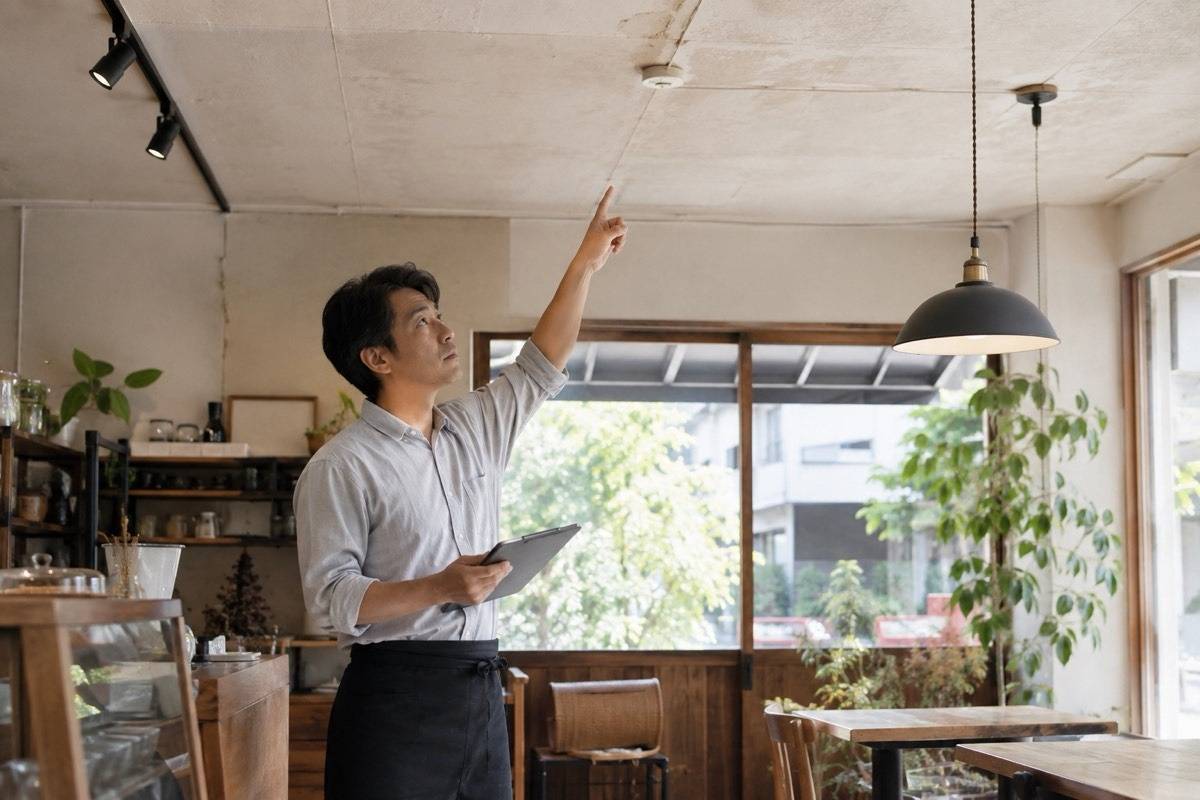 福岡の小規模店舗で天井を確認する管理者