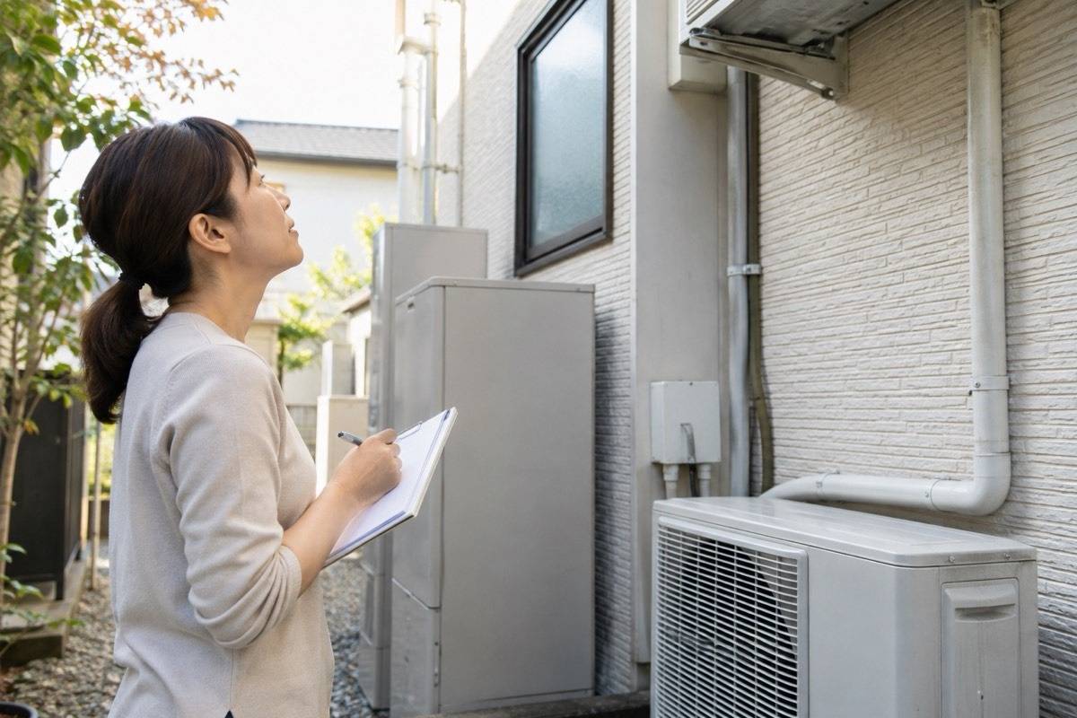 バックヤードの壁と空調周辺を点検する場面
