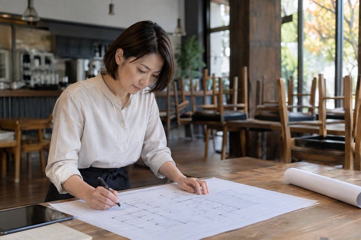 閉店後の作業区画を図面で計画する担当者