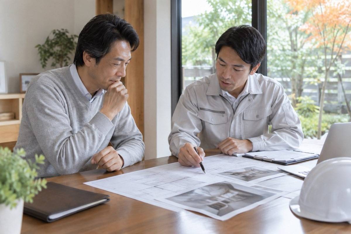 施設管理者と専門担当者が工程を相談する机