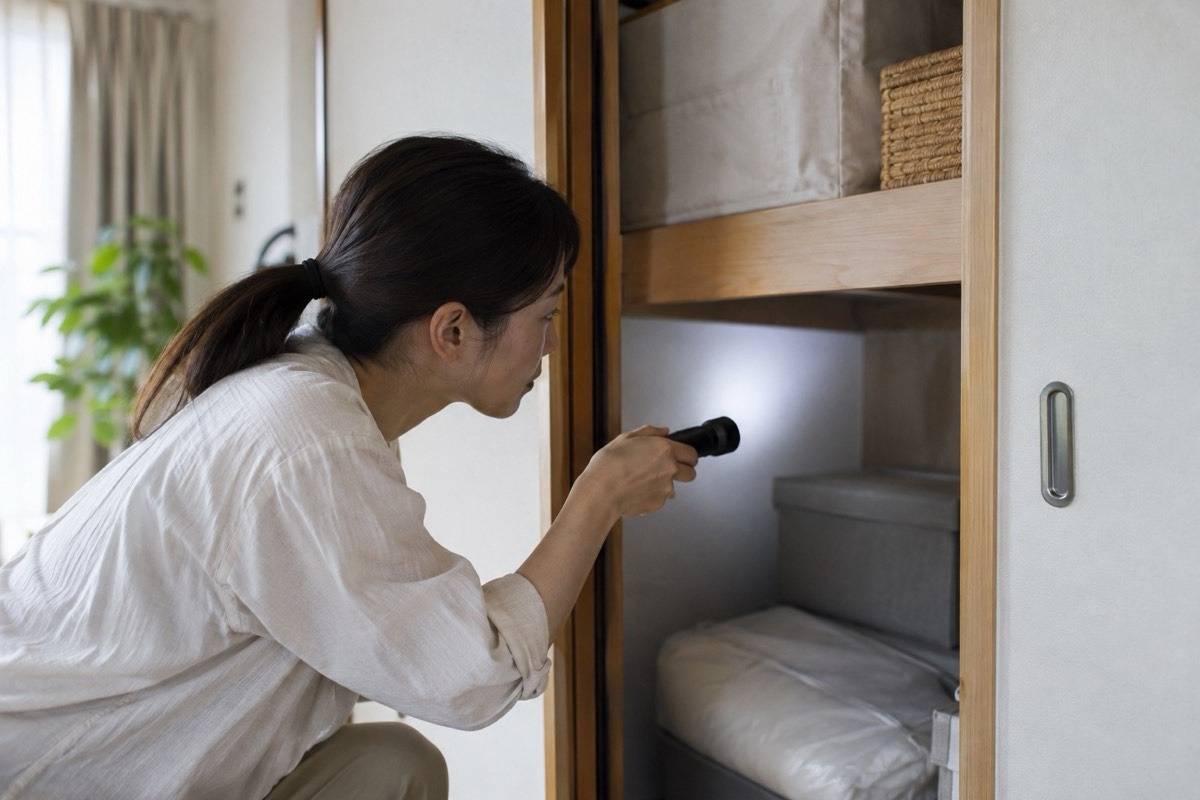 収納の奥をライトで確認する住人