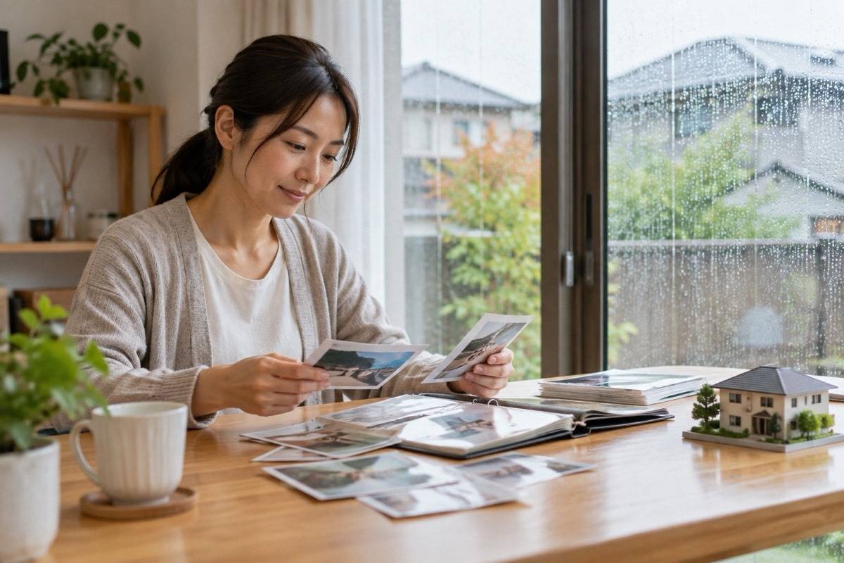 雨の日付と住宅写真を整理する机