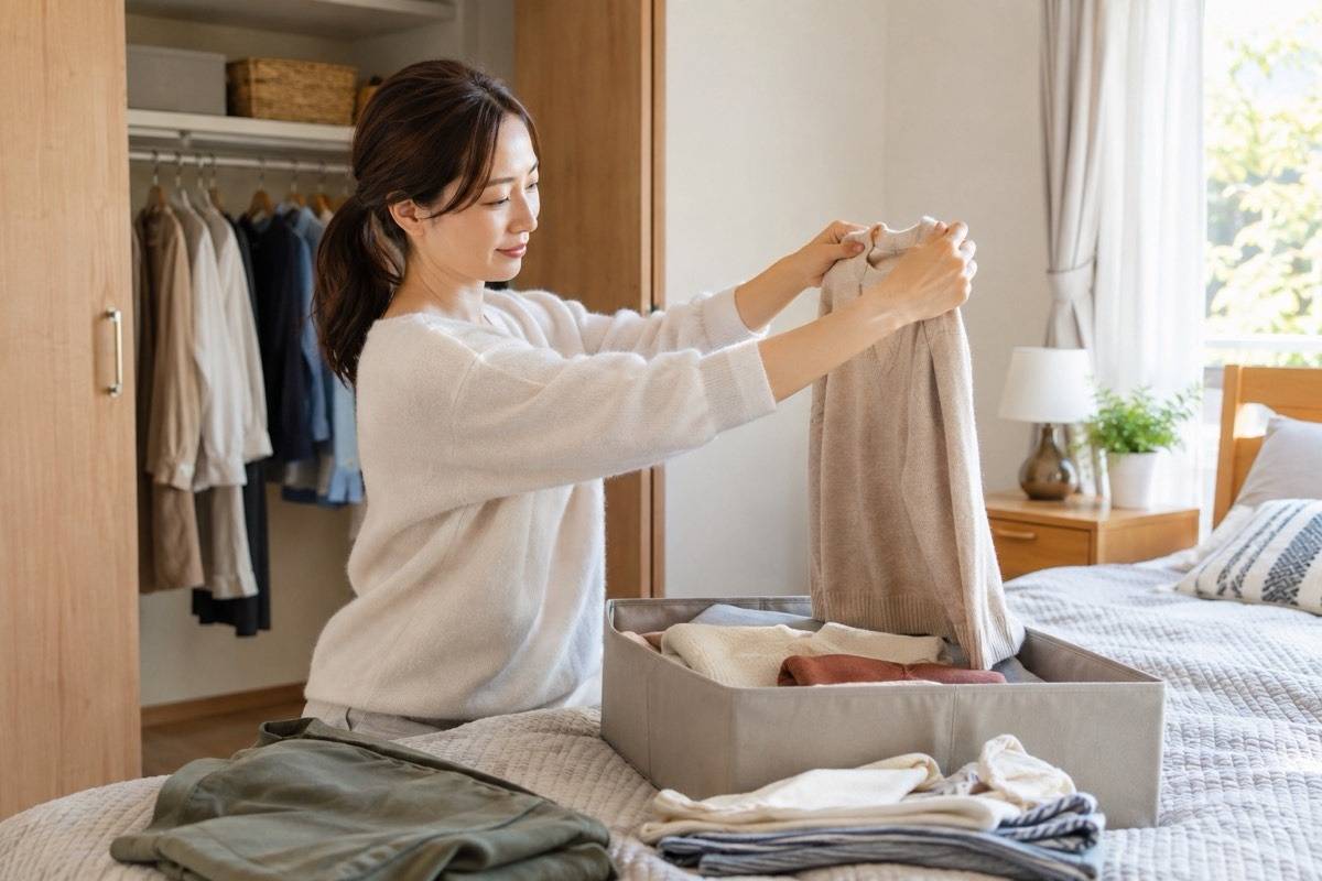 秋の衣替えで衣類を取り出す明るい寝室