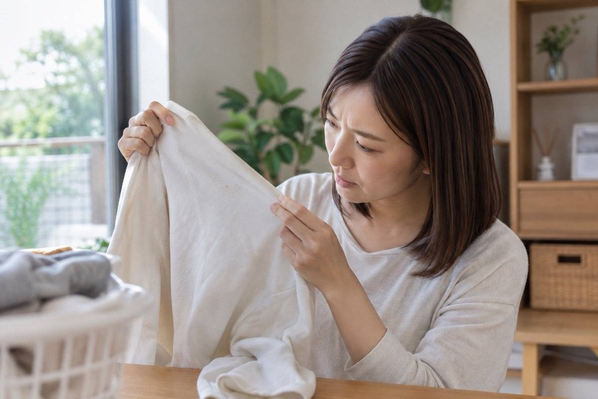 衣類に付いた小さな斑点を確認する手元