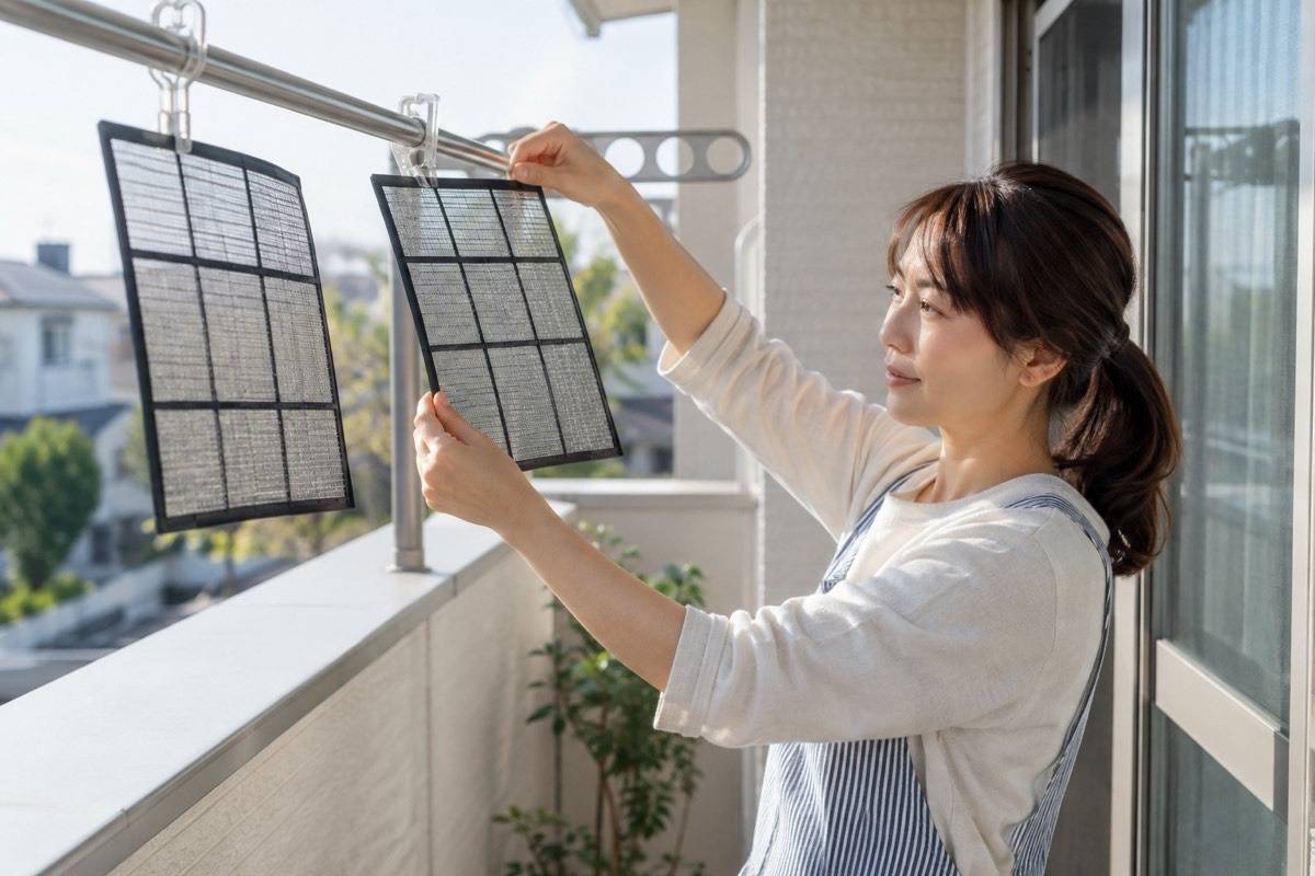 洗浄後のフィルターを十分乾燥させる場面